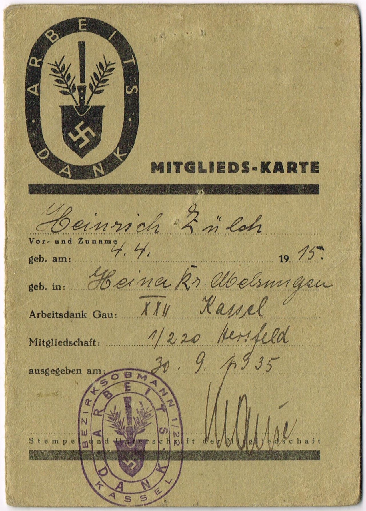 RAD - Mitgliedskarte RAD - Heinrich Züloh - picture missing